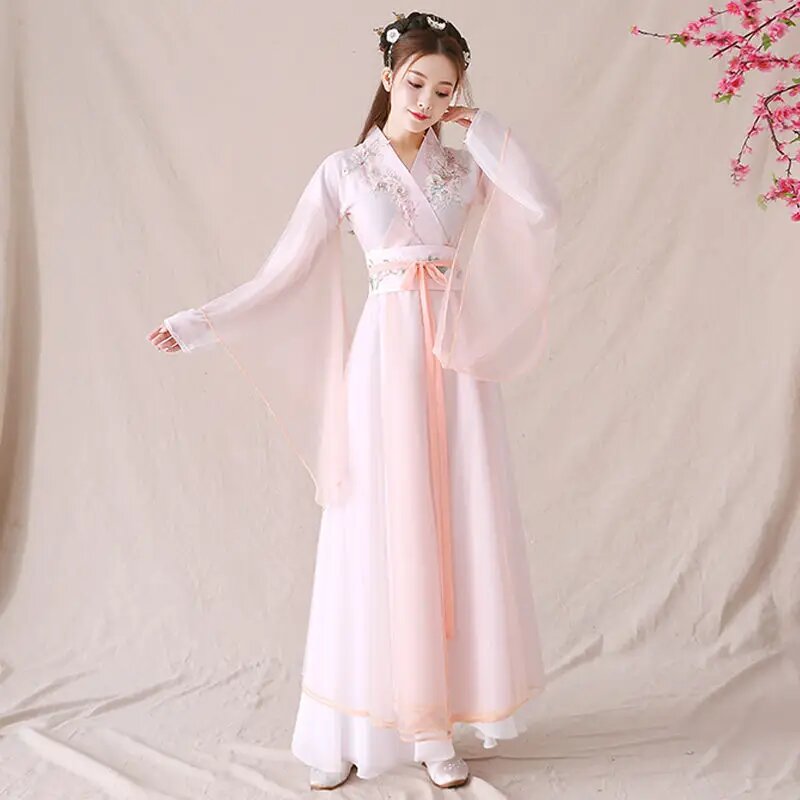 Женские традиционные китайские комплекты платьев Hanfu COMZOF из хлопка Розовый, М, type 1 pink
