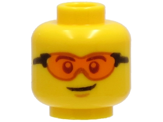 Minifigure, Head Safety Glasses with Orange Lenses and Black Frames, Chin Dimple, Lopsided Grin Pattern, 3626pb2724 Yellow U