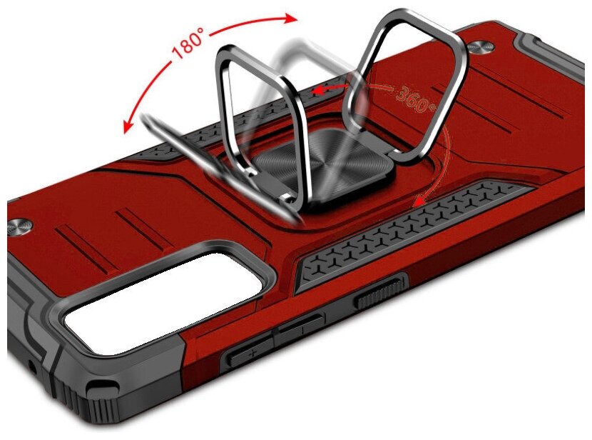 Противоударный чехол для iPhone X / XS красный с пластиной для магнитного автодержателя и кольцом подставкой - фотография № 4