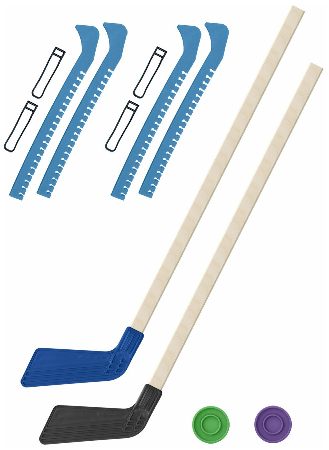 Детский хоккейный набор для игр на улице Клюшка хоккейная детская 2 шт синяя и чёрная 80 см. + 2 шайбы + Чехлы для коньков голубые - 2 шт.