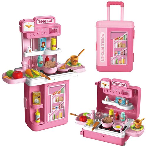 Детская игровая кухня Mobile Kitchen 8776P-2 в чемодане на колесах, 4 в 1, 63х49х24 см, с водой, набором посуды и продуктов, конфорки c подсветкой, о