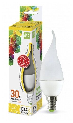 Лампа светодиодная led-свеча на ветру-standard 3.5Вт 230В Е14 3000К 320Лм ASD (5 штук) (арт. 4690612004730)