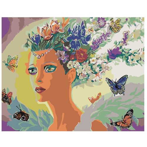 Картина по номерам, Живопись по номерам, 48 x 60, ARTH-AH162, иллюстрация, женщина, портрет, цветы, бабочки, картина, волшебство