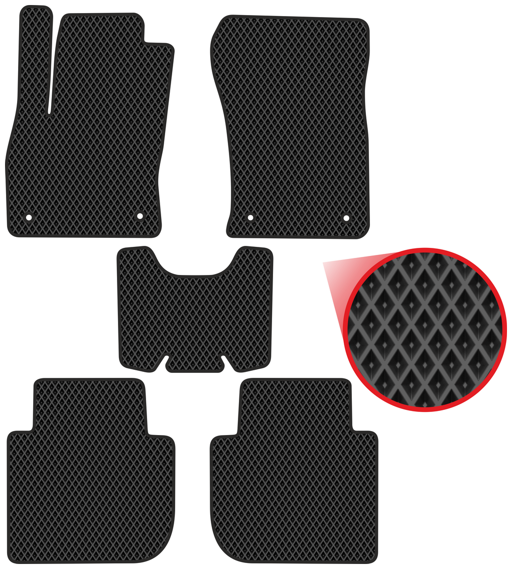Автомобильные коврики EVA для Skoda Kodiaq I (2016-н/в), чёрные с чёрным кантом, ячейка - ромб
