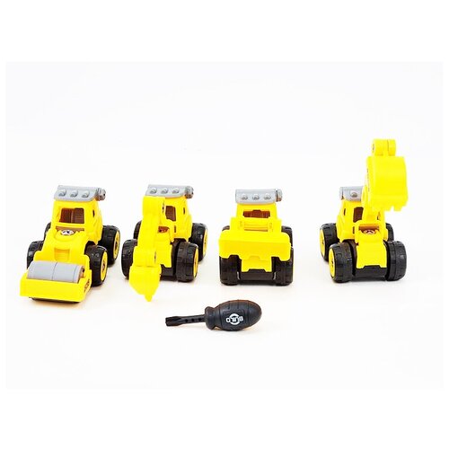Набор игрушек машинок строительной техники, конструктор винтовой, бульдозеры, 4 шт, желтый