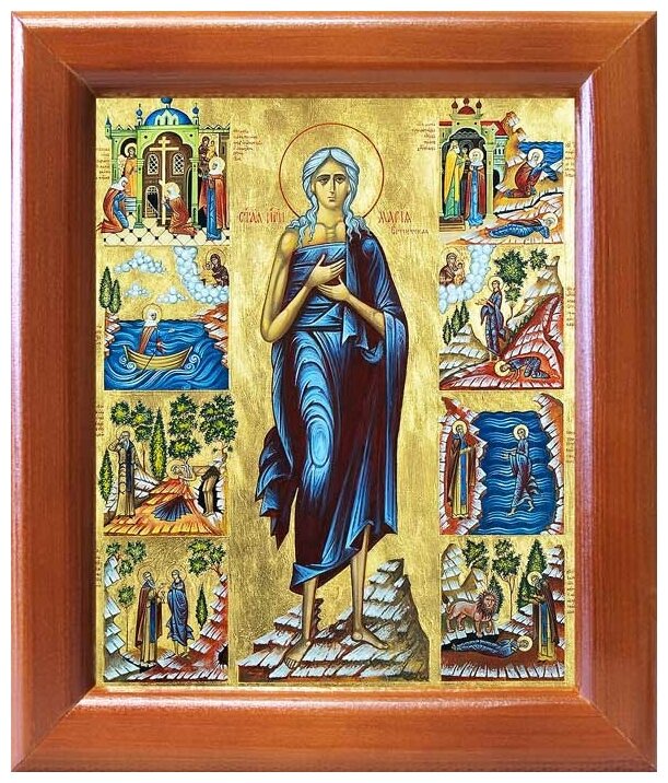 Преподобная Мария Египетская с житием, икона в деревянной рамке 12,5*14,5 см