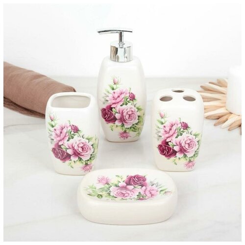 Набор аксессуаров для ванной комнаты Розы, 4 предмета (дозатор 300 мл, мыльница, 2 стакана), цвет белый