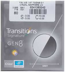 Линза для очков ESSILOR AS Stylist Transitions Gen 8 Crizal Sapphire UV , 1.67, d 75 мм, -7.00, серый