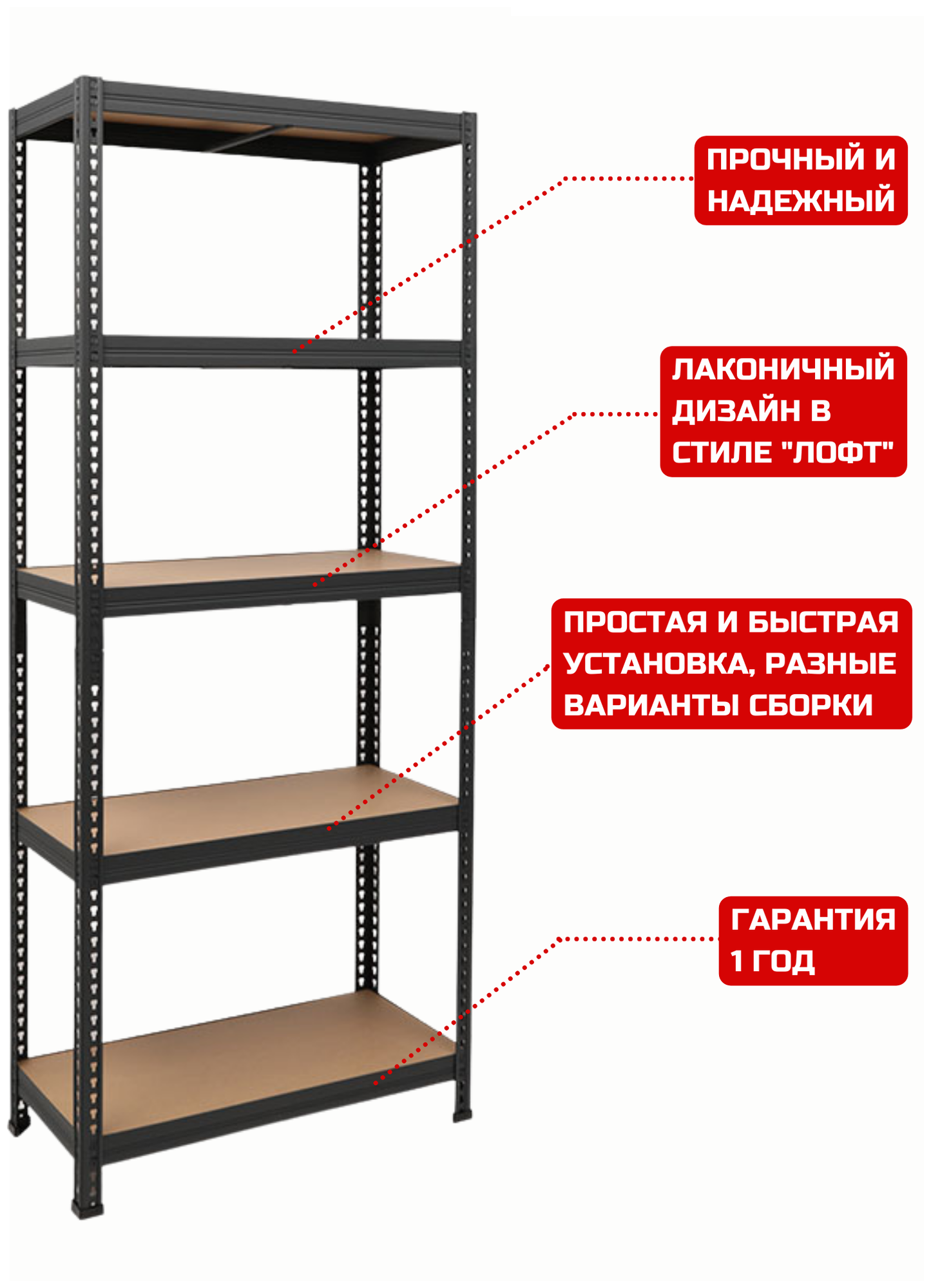 Стеллаж металлический сборный SAFEBURG SB-L 180KD/75x35 с 5 полками (до 170 кг на полку)