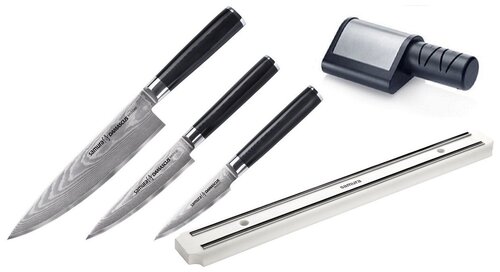 SD-0233МБДЭТ набор из 3 кухонных ножей SAMURA DAMASCUS овощной, универсальный, ШЕФ, магнитный держатель и электрическая точилка
