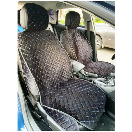 Goods Накидки на сиденья автомобиля из велюра черные с синей строчкой с бортами / авточехлы универсальные велюровые (2шт)