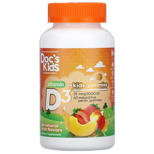 Пастилки Doctor's Best Doc's Kids Vitamin D3 Gummies натуральный фруктовый вкус 25 мкг (1000 МЕ), 230 г, 1000 ME, 60 шт.