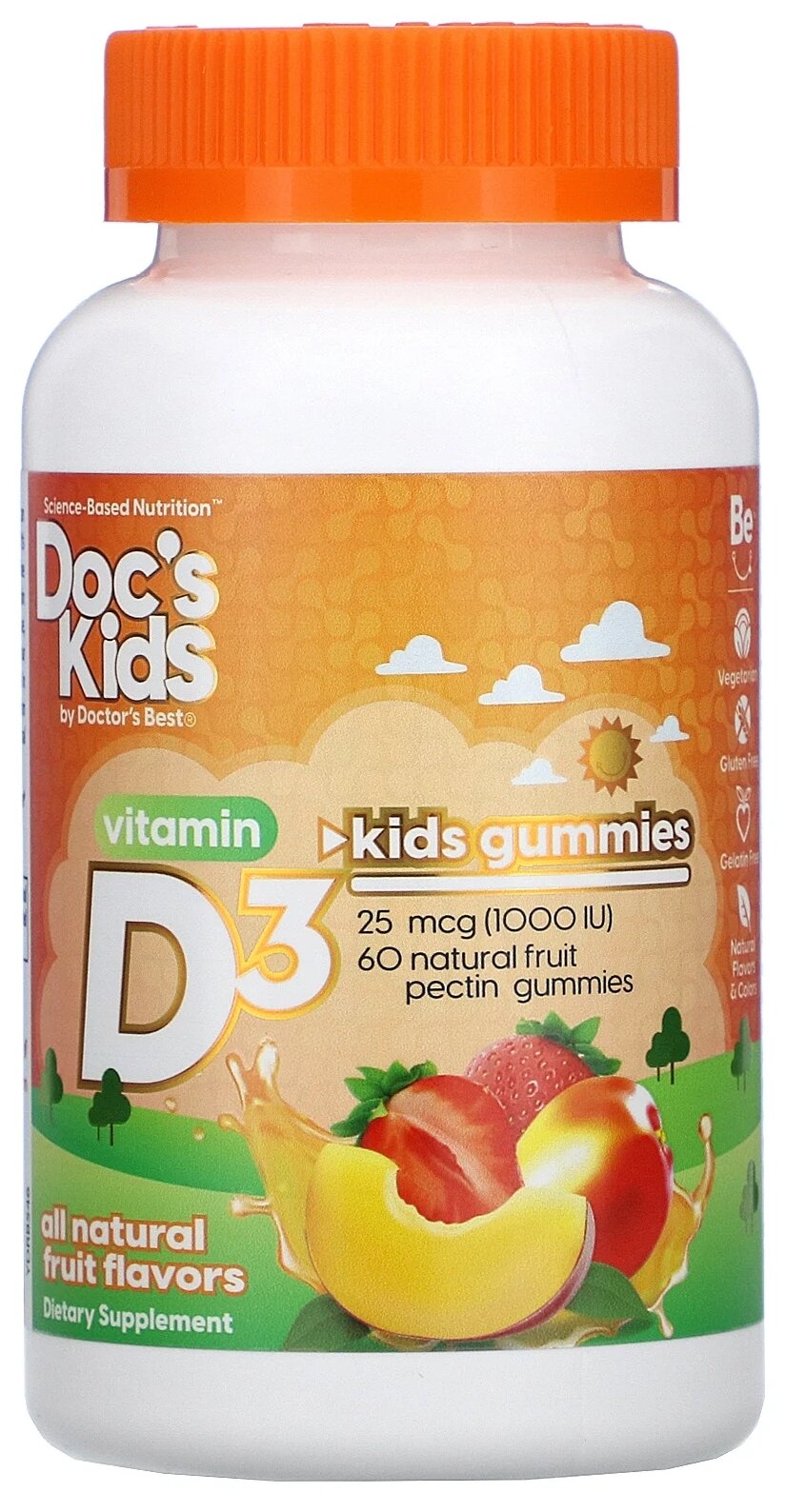 Пастилки Doctor's Best Doc's Kids Vitamin D3 Gummies натуральный фруктовый вкус 25 мкг (1000 МЕ), 230 г, 1000 ME, 60 шт.