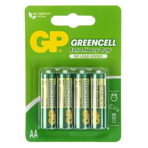 Батарейка солевая GP Greencell Extra Heavy Duty, AA, R6-4BL, 1.5В, блистер, 4 шт.