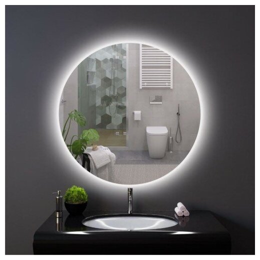 Зеркало для ванной круглое с LED подсветкой 6000 К (холодный свет) размер 80 на 80 см. - фотография № 4