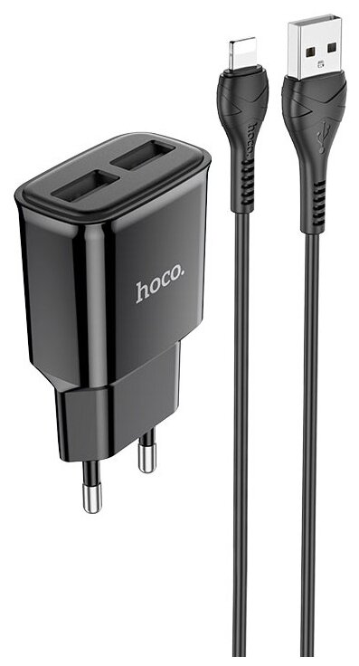 Блок питания сетевой 2 USB HOCO, C88A, Star, 2400mA, пластик, кабель 8 pin, цвет: чёрный