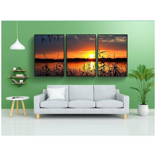 фото Набор модулных постеров для интерьера "заход солнца, озеро, вечерняя атмосфера" 60x90 см. в тубусе, без рамки lotsprints