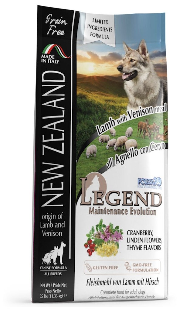FORZA10 DOG LEGEND NEW ZELAND ALL BREEDS беззерновой для взрослых собак всех пород с ягненком и олениной (11,33 кг)