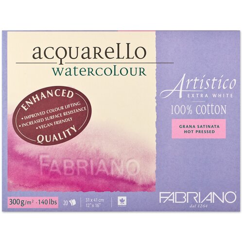 Блок для акварели Fabriano Artistico Extra White 300г/м. кв 30x45см Сатин 20 листов склейка по 4 сторонам