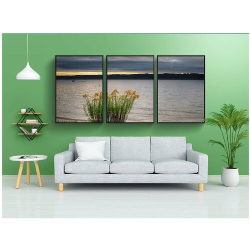 фото Набор модулных постеров для интерьера "озеро, цветы, лодка" 60x90 см. в тубусе, без рамки lotsprints