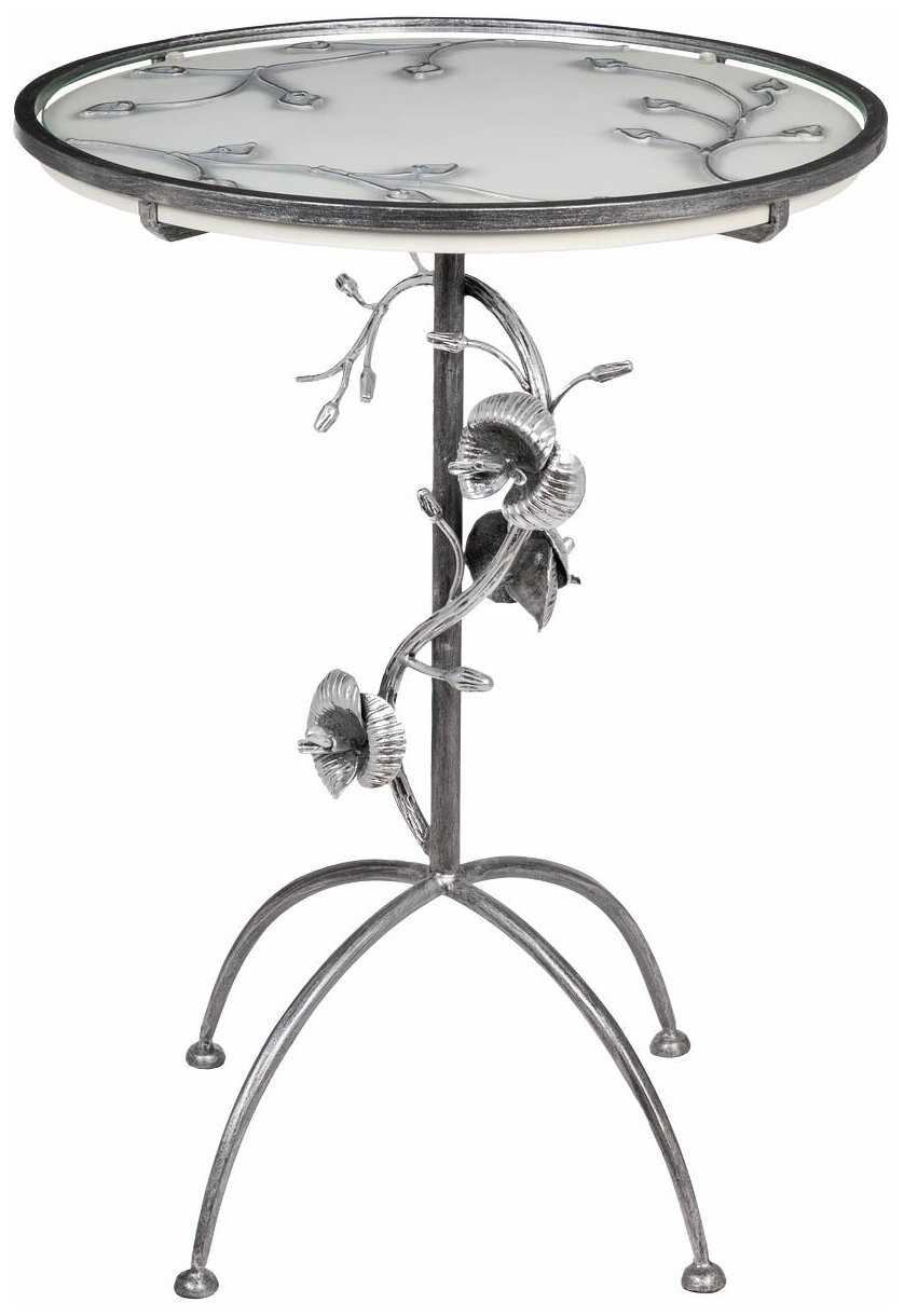 Журнальный кофейный столик Bogacho Орхидея Фиори белый со стеклянной столешницей и основанием из кованой стали ручная работа