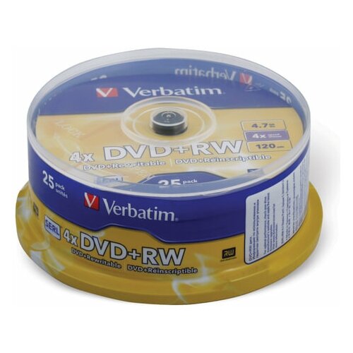 фото Диски dvd+rw (плюс) verbatim 4,7 gb 4x, комплект 25 шт., cake box, 43489