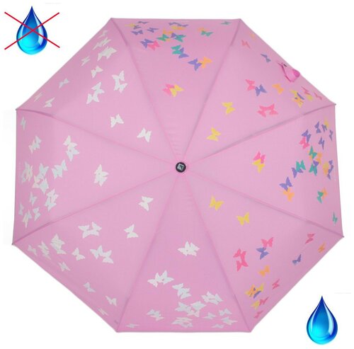 Мини-зонт FLIORAJ, полуавтомат, 3 сложения, купол 116 см, 8 спиц, проявляющийся рисунок, чехол в комплекте, для женщин, розовый