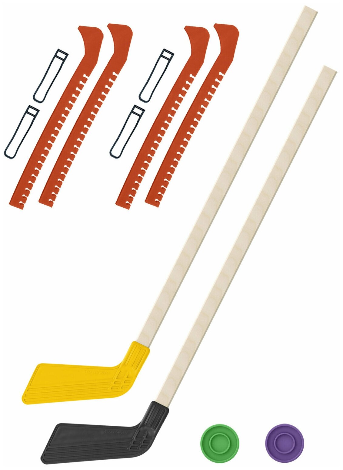 Детский хоккейный набор для игр на улице Клюшка хоккейная детская 2 шт жёлтая и чёрная 80 см. + 2 шайбы + Чехлы для коньков оранжевые - 2 шт.