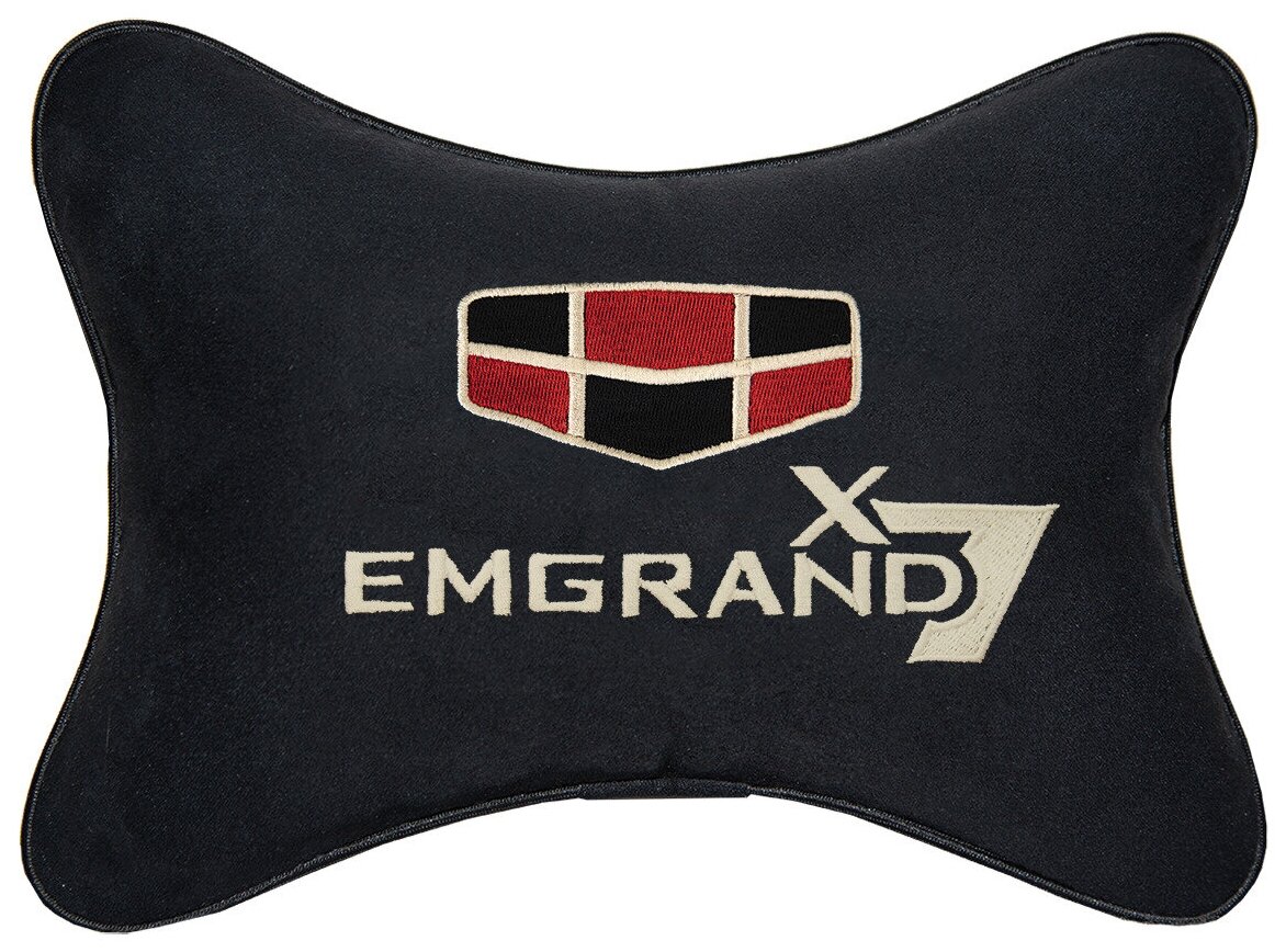Автомобильная подушка на подголовник алькантара Black с логотипом автомобиля GEELY EMGRAND X7