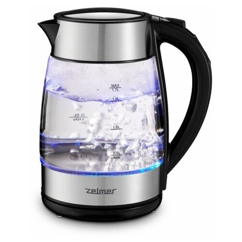 Чайник Zelmer ZCK8026 1,7 2200Вт, Закрытый нагревательный элемент, металл/стекло, черный/серебристый (71504818P) чайник zelmer zck1274e 2200вт 1 7л металл бежевый