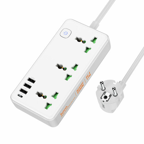 Сетевой фильтр на 3 розетки, 3 USB, 1 PD, 1.5м, AC7A, HOCO, белый сетевой фильтр power cord 10a 2500w 3 розетки 4 usb 1 type c 2m