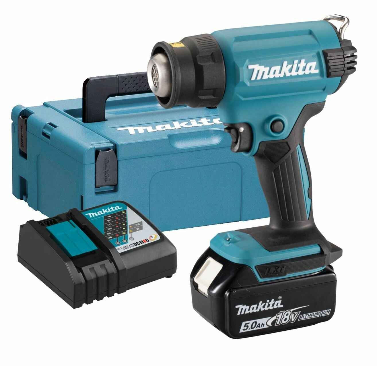 Аккумуляторный тепловой пистолет (фен) Makita LXT 18В, 1 режим, 550, с АКБ 5 Ач и ЗУ, в кейсе MakPac, DHG180RT1J