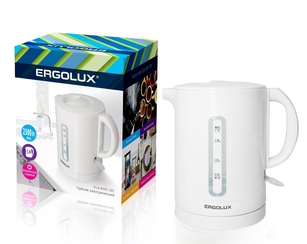 Чайник пластиковый ERGOLUX ELX-KH01-C01 белый, 1.7л, 160-250В, 1500-2300В