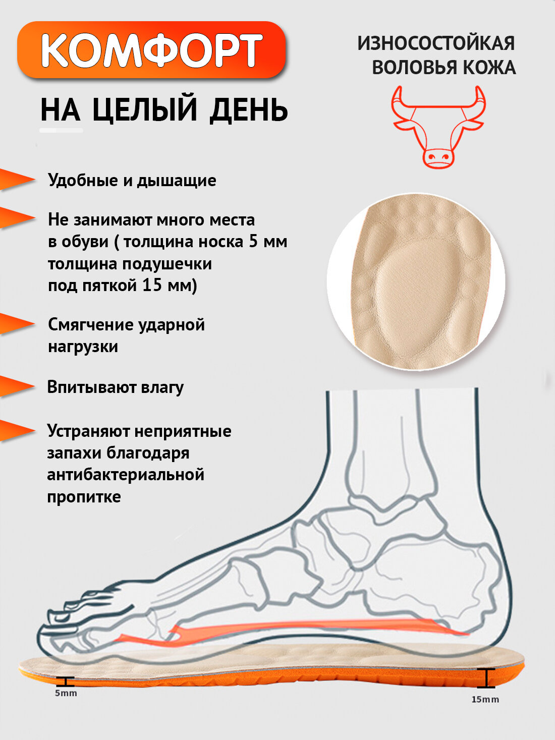 Стельки кожаные Super Feet для обуви дышащие амортизирующие Размер 40-41 (26,5 см)