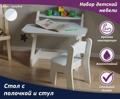 Изображение товара Набор детской мебели стол с полочкой и стул. Комплект голубой, для мальчиков и девочек. Комплект для детской комнаты.