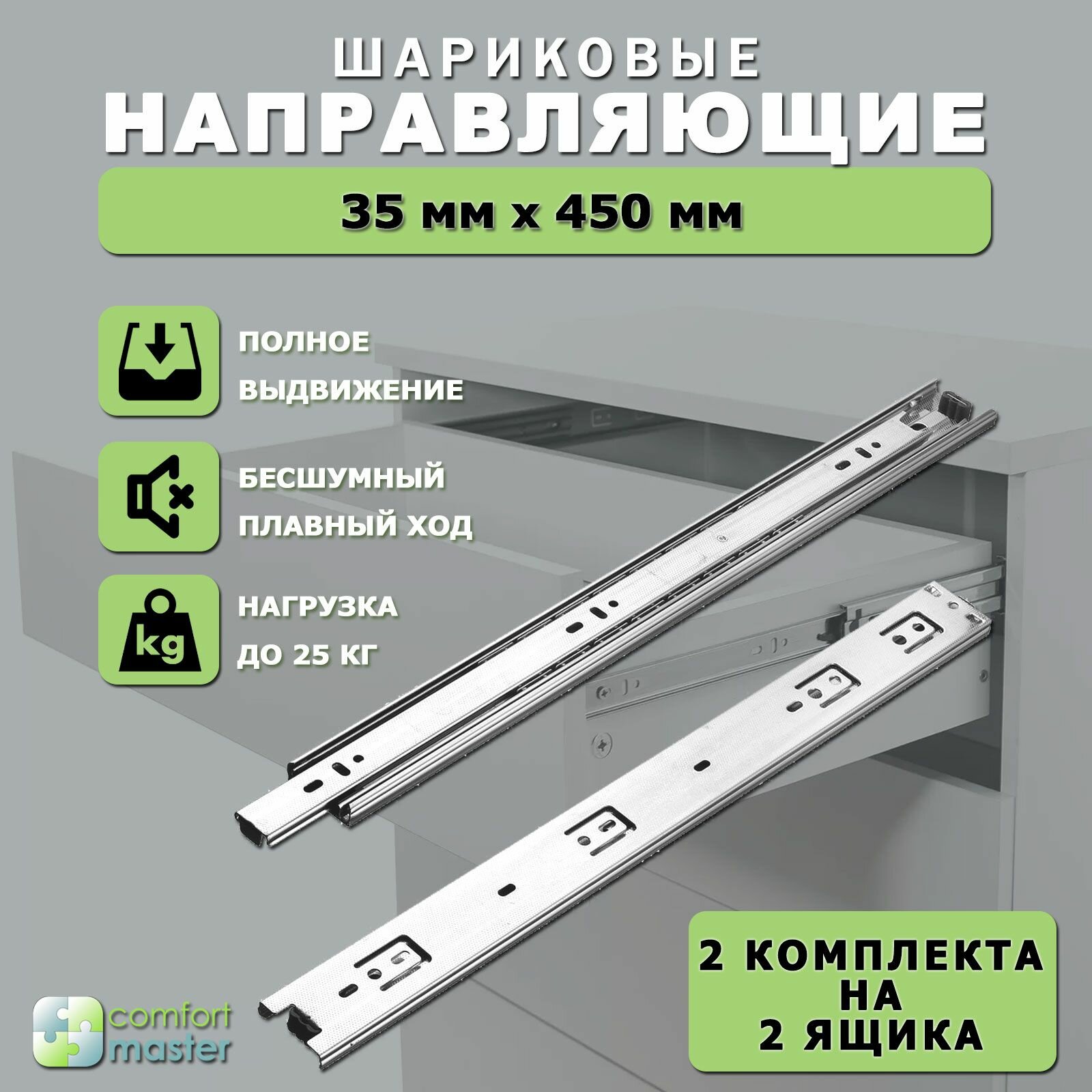 Направляющие шариковые полного выдвижения 35/450 мм / Направляющие телескопические мебельные, для выдвижных ящиков и тумб, плавное закрывание, 2 комплекта на 2 ящика