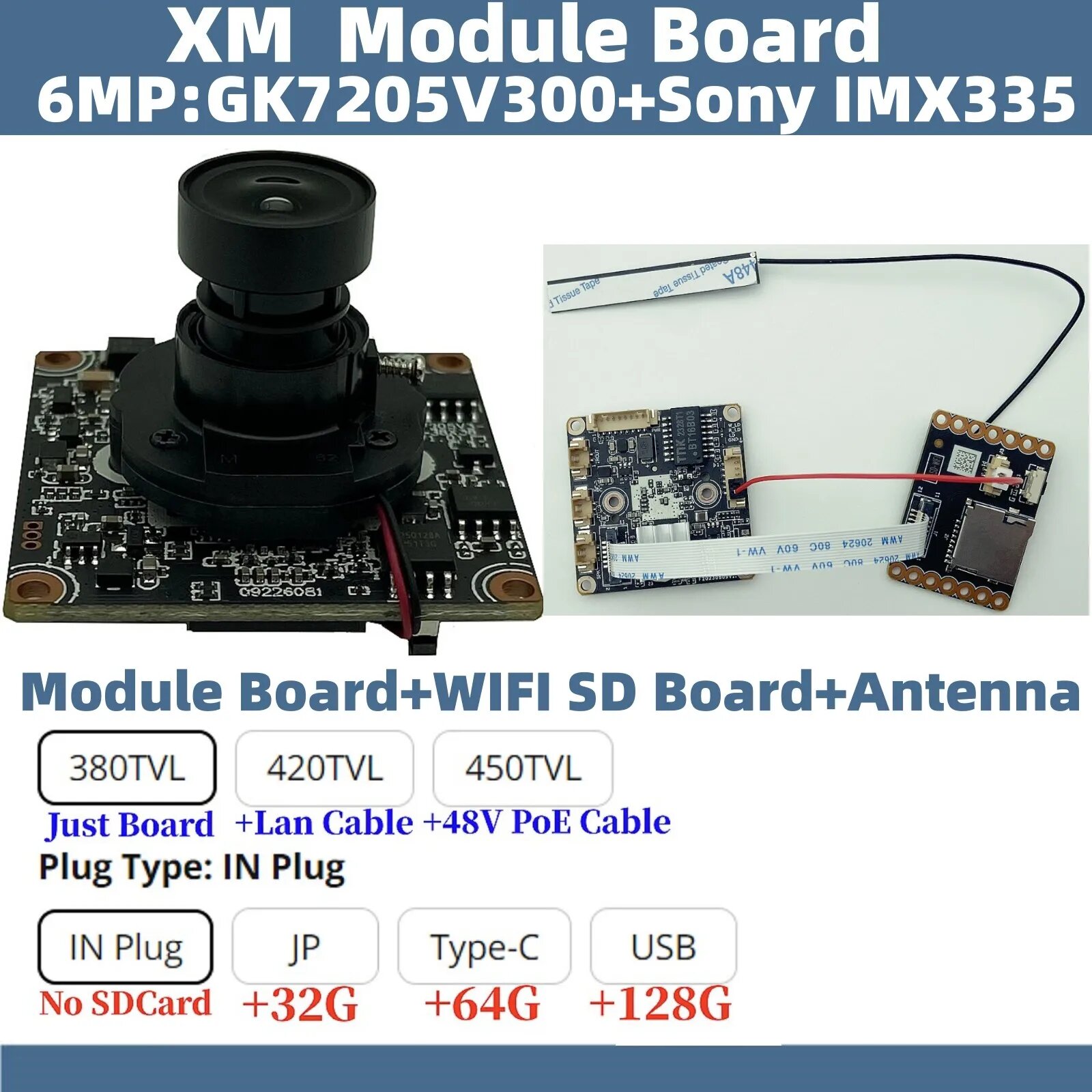 Wi-Fi SDCard Optinal GK7205V300 + IMX335 6MP 3072*2048 XM плата модуля IP-камеры M12 объектив IRC Onvif ICsee XMEYE распознавание лица P2P, В разъем, add WIFI SD Antenna, 420TVL, 3,6 мм