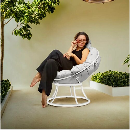 Изображение товара Кресло садовое Папасан без ротанга на балкон и для дачи / белый каркас серая подушка