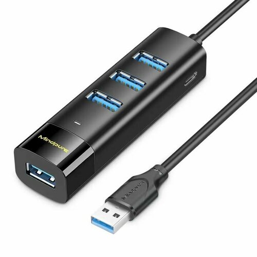 USB концентратор Хаб / Hub 3.0 4 USB + Type-C разъем питания Mindpure US022 17cм Черный