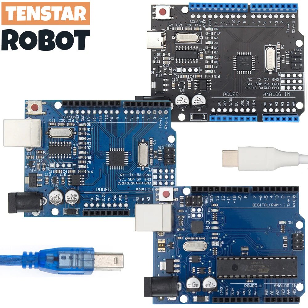 Макетная плата для UNO R3 R4 Minima WiFi ATMEGA328P CH340/ATEGA16U2, совместима с Arduino с кабелем, R3 SMD — фото 1