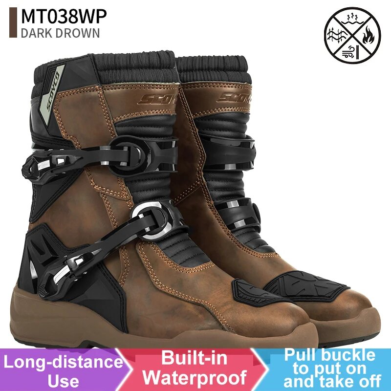 Мотоциклетные защитные ботинки SCOYCO мужская водонепроницаемая обувь для мотоциклистов из ТПУ кожи Нескользящие высокие ботинки для мотокросса и ралли 46 Коричневый Мужской