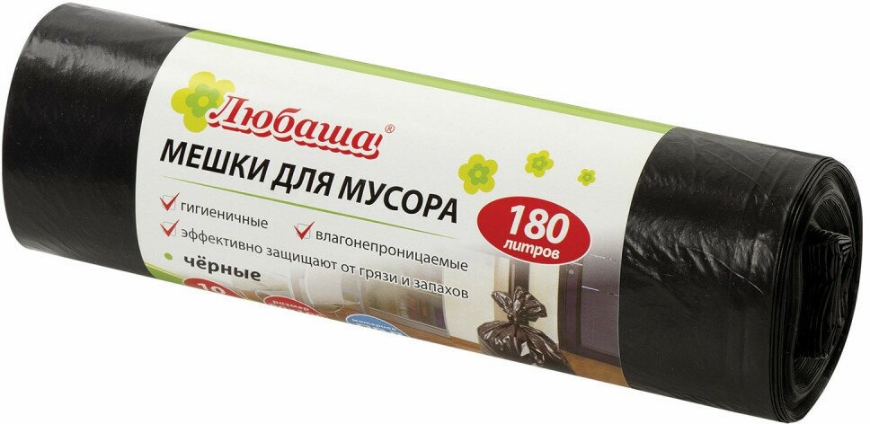 Мешки для мусора 180 л черные в рулоне 10 шт, ПВД 24 мкм, 80х106 см, любаша эконом, 605336