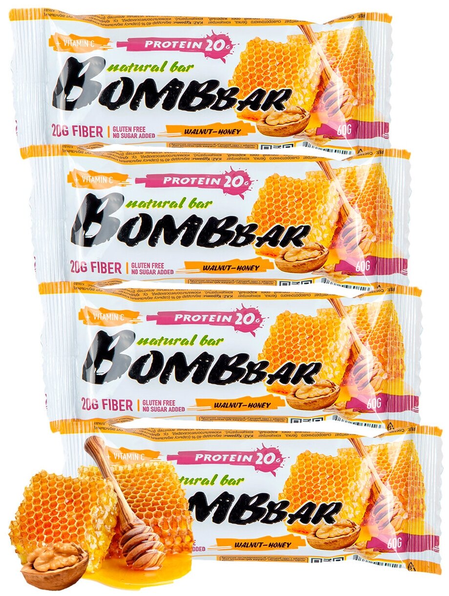 Протеиновый батончик Bombbar Protein Bar 4 x 60 g, Грецкий орех с медом