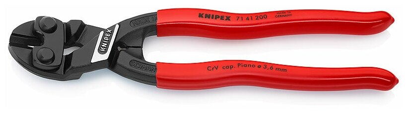 KNIPEX CoBolt® болторез компактный голова 20° с выемкой на кромках для реза толстой проволоки 200 мм рез: мягкая проволока d 6 мм проволока средней твёрдости d 5.2 мм твёрдая проволока d 4 мм рояльная струна (HRC 59) d 3.6 мм чёрный 1К ручки