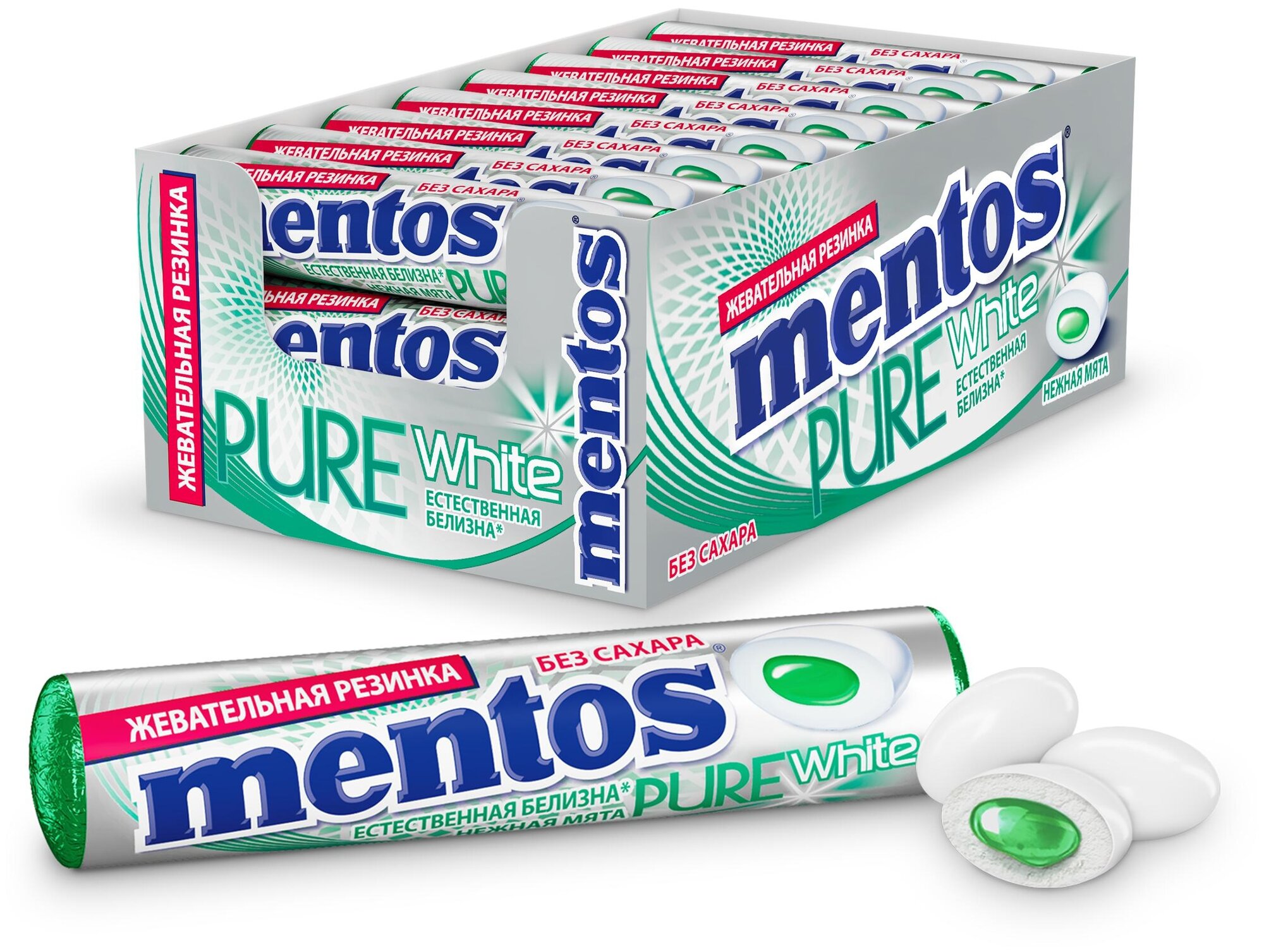 Жевательная резинка MENTOS Pure White Нежная Мята 15,5 г, 24 шт. в уп.