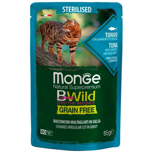 Влажный корм Monge Cat BWild GRAIN FREE для стерилизованных кошек, беззерновой, из тунца с креветками и овощами, паучи 85 г