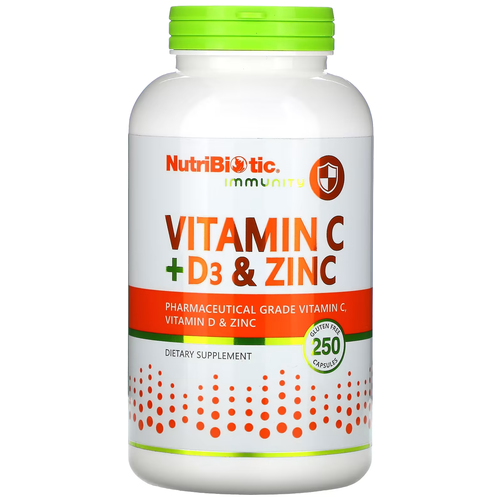 Капсулы NutriBiotic Vitamin C + D3 & Zinc, 400 г, 250 шт.