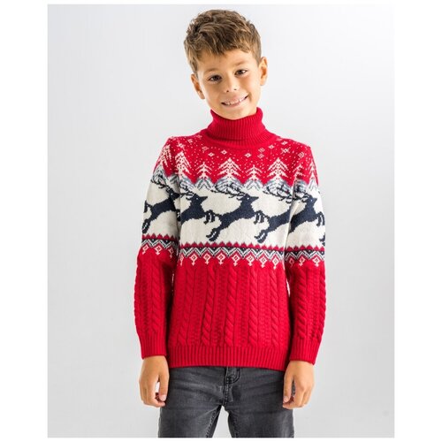 фото Детский свитер красный с оленями для мальчиков pulltonic