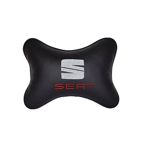 Автомобильная подушка на подголовник экокожа Black с логотипом автомобиля SEAT