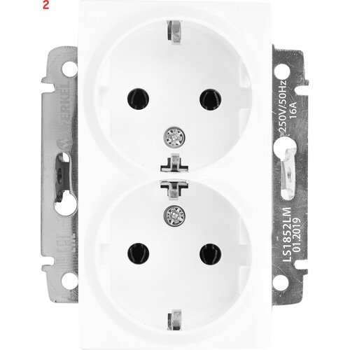 Розетка двойная встраиваемая с заземлением, цвет белый (2 шт.)